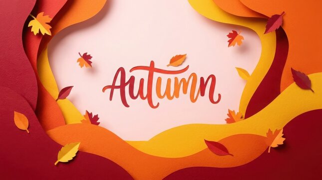 Autumn lettering with colorful falling leaves on a vibrant red background
