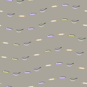 Seamless pattern of rolling pins, pans, and strainers