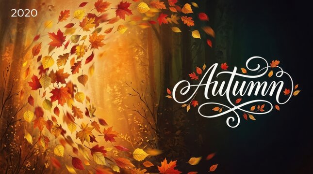 Beautiful autumn background with falling leaves and elegant calligraphy