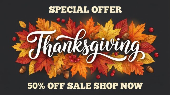 Thanksgiving sale banner with colorful autumn leaves and special offer text