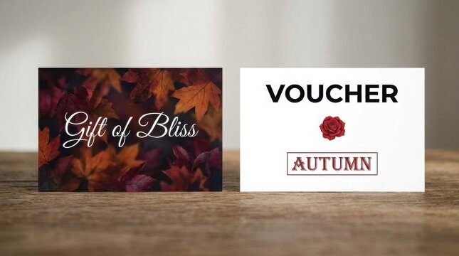 Two gift cards or vouchers displayed on a wooden surface indoors
