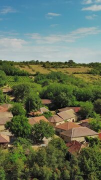 Aerial view of old rustic vintage houses with wine cellars in Rogljevacke pivnice in Negotin region of Serbia. Vertical video 4k