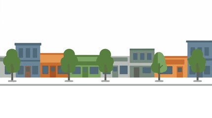 Obraz premium Simplified flat design vector illustration of a row of colorful urban storefronts with trees and a sidewalk, isolated on white