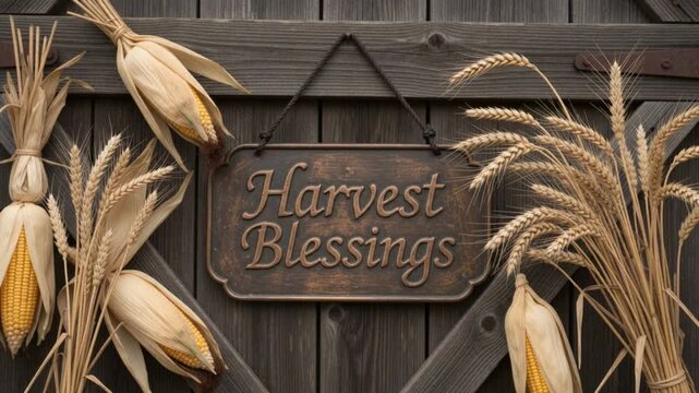 Rustic hanging sign with "Harvest Blessings" text surrounded by dried corn cobs and wheat sheaves on a dark wooden barn door background