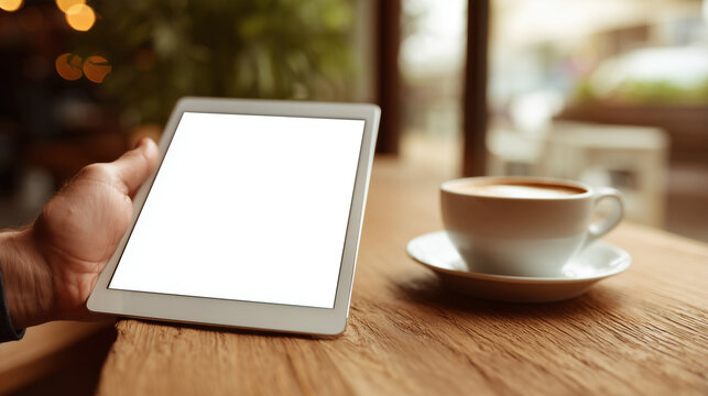 Blank display tablet defined by communication and phone. Business illustration combining coffee and tablet in a refined conceptual setting. Additional features include mug, breakfast and working.