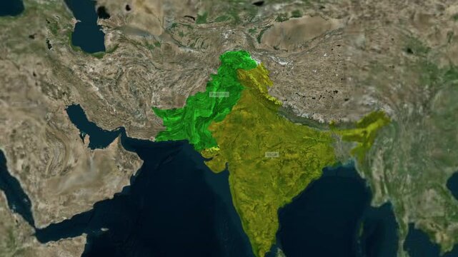 Satellite view highlighting borders of pakistan and india in south asia with satellite