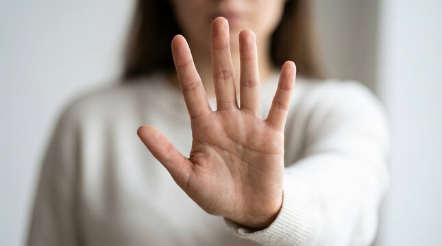 A woman showing a stop hand sign with her outstretched hand in a closeup shot.