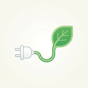 Green energy plug JPG vector illustration featuring a white electric plug with a curved green cord ending in a leaf for sustainable power.   