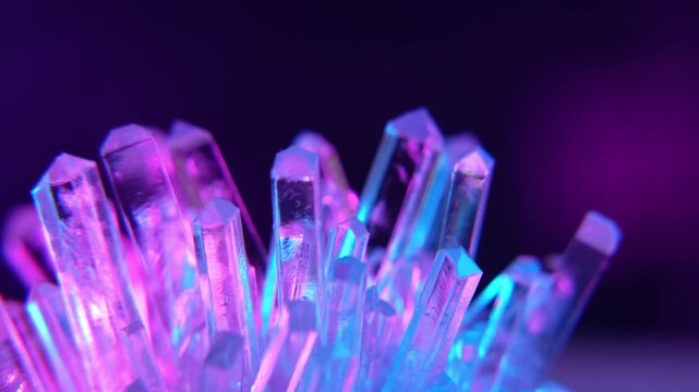 A real crystal. The grown crystal rotates on an illuminated turntable. A scientific experiment and chemical study. A beautiful background or screensaver. Pink and blue.