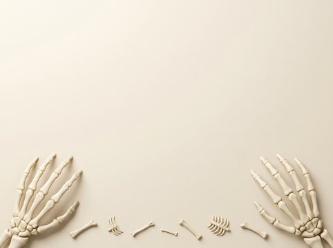 Two skeleton hands and small bone pieces arranged on a neutral background