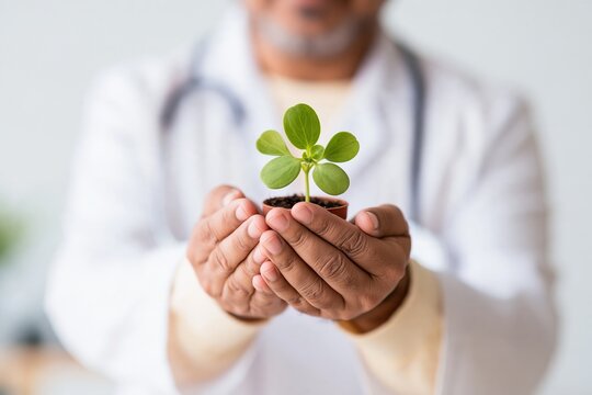 Hands of a medical professional cradling a small potted seedling, a gentle tactile gesture in a soft clinic setting for wellbeing and growth