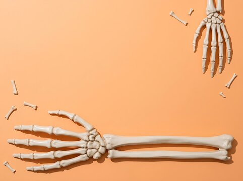 Human skeleton hands reaching on an orange background with halloween decoration