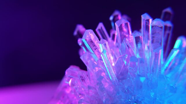 A real crystal. The grown crystal rotates on an illuminated turntable. A scientific experiment and chemical study. A beautiful background or screensaver. Pink and blue.