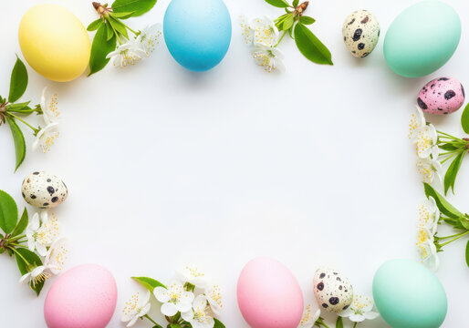 Colorful Easter eggs with spring flowers arranged in a festive circular frame