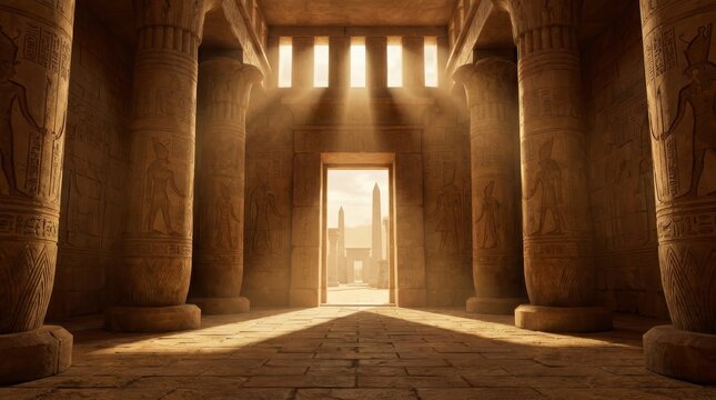 Interior view of an ancient temple featuring detailed hieroglyphs and sunbeams.