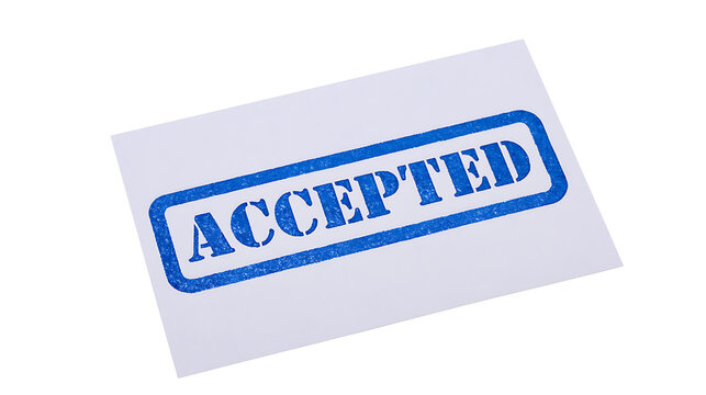 A crisp white paper card featuring a bold blue rubber stamp with the word accepted centered on the surface against a dark background background