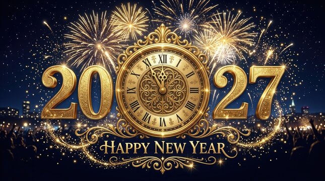 Golden new year 2027 celebration with fireworks over a city skyline at night