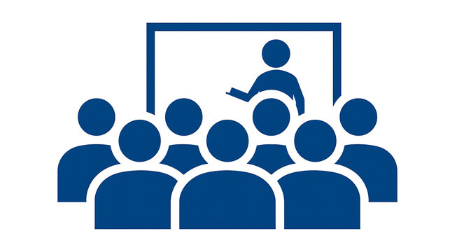 A blue vector icon representing a seminar or lecture with an audience and a presenter standing in front of a white board for business