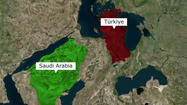 Satellite map view highlighting saudi arabia and turkiye with labels satellite geography location