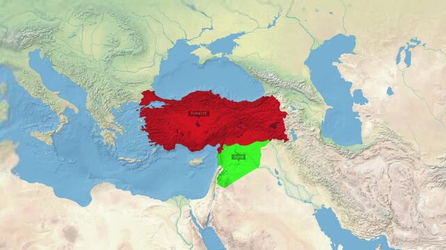 Geopolitical map highlighting turkiye and syria in the middle east region with geopolitical
