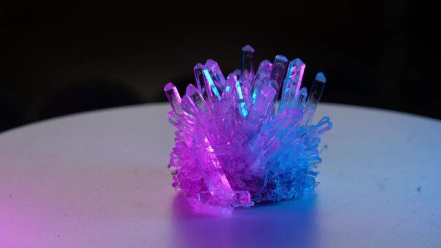 A real crystal. The grown crystal rotates on an illuminated turntable. A scientific experiment and chemical study. Beautiful background, screensaver. Blue and purple.
