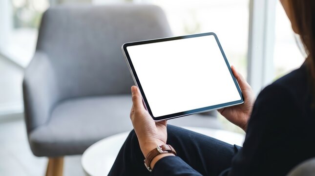 A mockup of a digital tablet with a blank white screen held by a woman in a cafe setting.