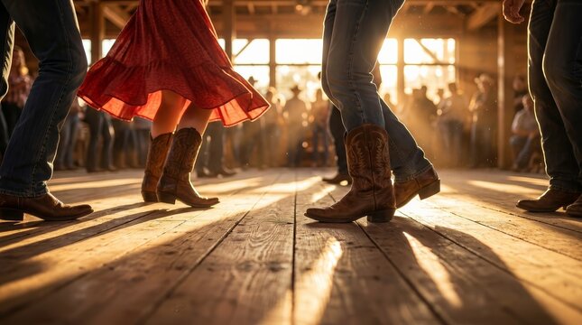 A group of dancers enjoys country music and line dancing on a wooden floor.