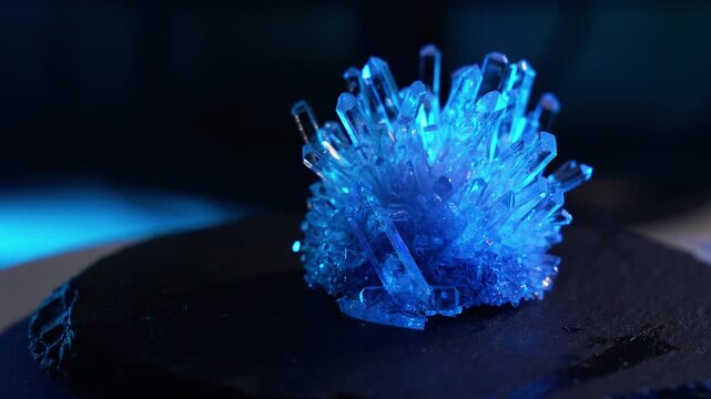 A mysterious, genuine crystal. The grown crystal rotates on an illuminated turntable. A scientific experiment and chemical study. A beautiful background or screensaver. Blue.
