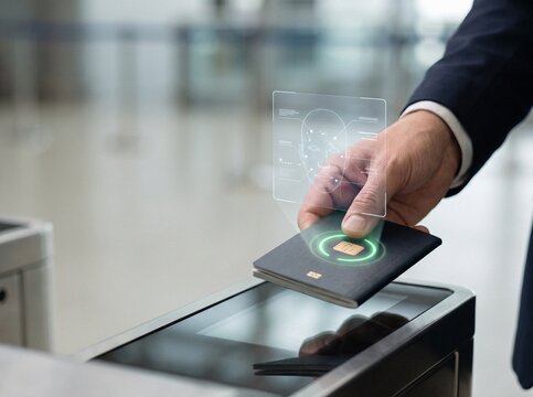 Close up of hand holding biometric e-passport over digital scanner with holographic facial recognition overlay at airport