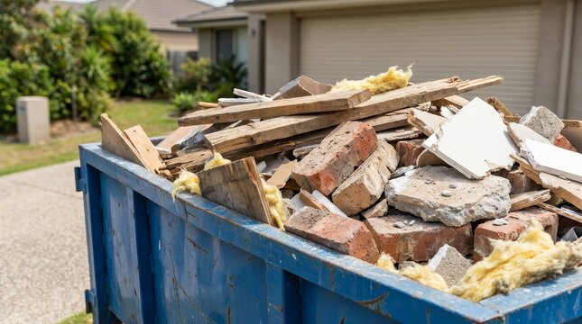 Post renovation cleanup site with wood, plaster, brick, and concrete refuse.