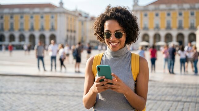 A happy traveler checking her phone in Lisbon, Portugal at the historic Commerce Square.