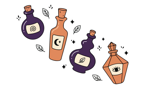 Set of magical potion bottles with labels and mystical symbols magic potions fantasy items
