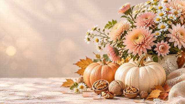 Elegant autumn still life with chrysanthemums, feverfew, pumpkins and walnuts, copy space