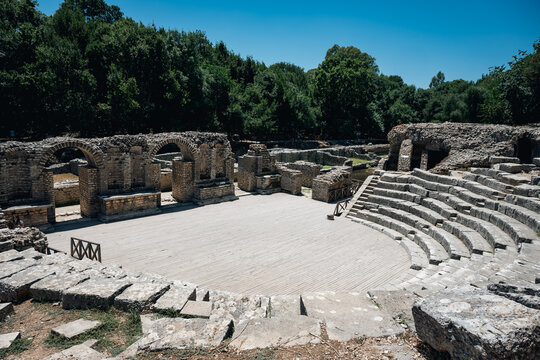 Ancient stone amphitheater surrounded by trees  in National Park Butrint  in Albania.