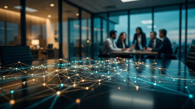 Futuristic workplace concept featuring a digital network design and people interacting in a blurred office.