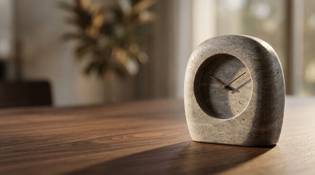 Stone arch desk clock on a dark wooden table surface