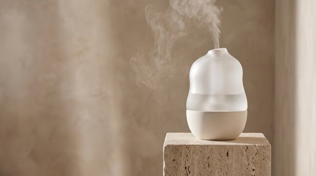 Ultrasonic humidifier emitting mist on a textured stone pedestal