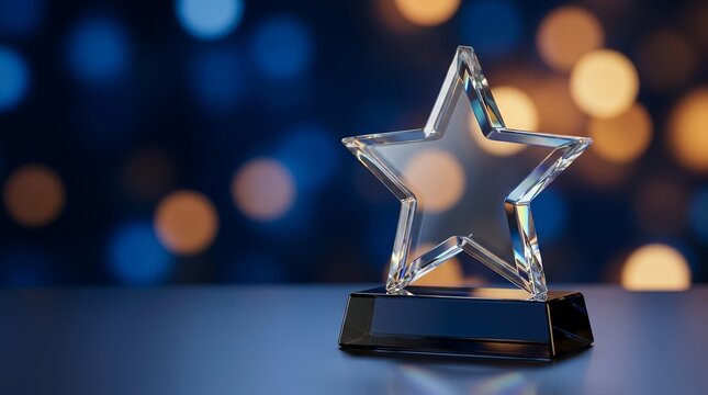 Business success concept featuring a crystal star trophy with a beautiful bokeh background.
