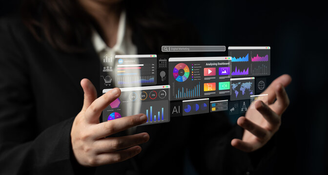 Colorful data dashboards with graphs, charts, and marketing metrics representing online campaign performance and business intelligence Parse