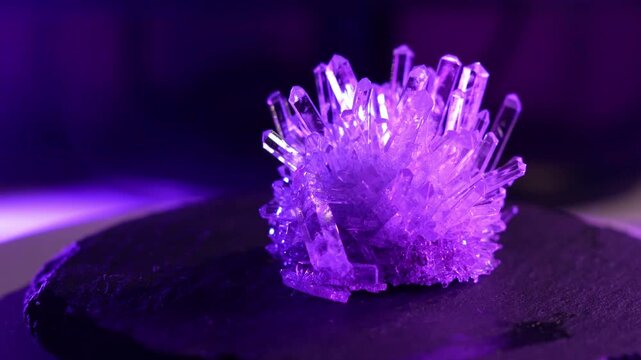 A mysterious, magical, genuine crystal. The grown crystal rotates on a turntable illuminated by full-spectrum RGB lighting. A scientific experiment and chemical study. A beautiful background