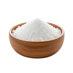 Fototapeta premium Heap of white coarse sea salt piled inside a rustic wooden bowl on white
