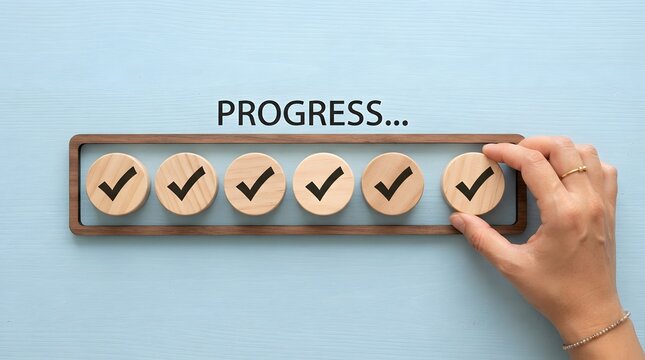 Progress milestone checklist with completed steps and hand placing final checkmark on blue background