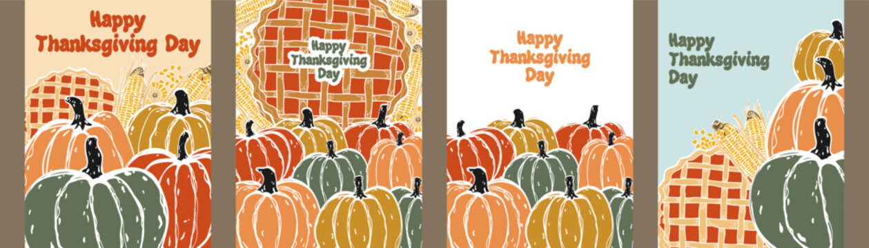 Thanksgiving greeting card set with hand drawn autumn pumpkins, pies and corn cobs. Vector greeting template collection