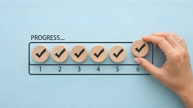 Progress milestone checklist with completed steps and hand placing final checkmark on blue background