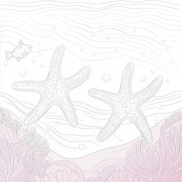 Starfish and Fish in Underwater Scene Outline Illustration  