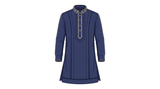 Traditional blue tunic shirt with intricate silver embroidery on the collar and front placket
