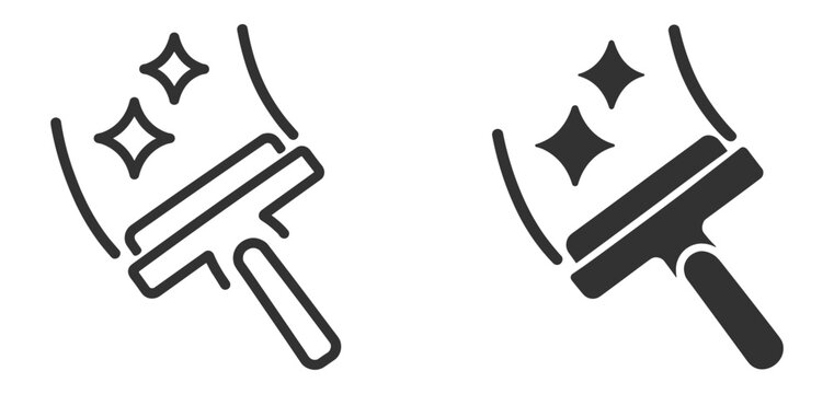 Cleaning squeegee icon set, window and glass cleaning tool with sparkle details, outline and solid symbols on transparent background