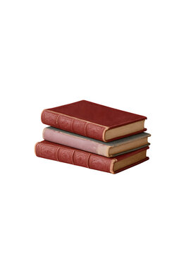 A neat stack of three vintage leather-bound hardcover books isolated on a deep black background, perfect for education and study themes