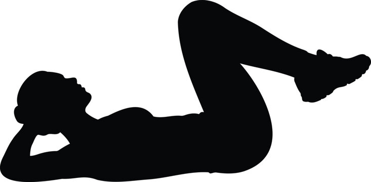 Black silhouette of a woman lying on her back performing a crunch exercise with knees bent, isolated on a white background, fitness workout routine