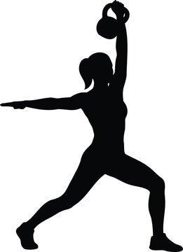 Black silhouette of a woman performing a kettlebell snatch or overhead press, isolated on a white background, fitness and strength training